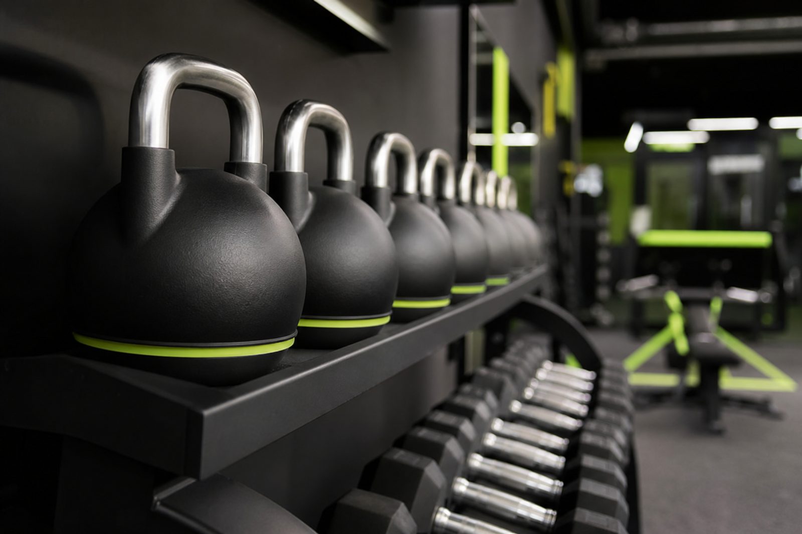 Kettlebells and dumbbells in the gym