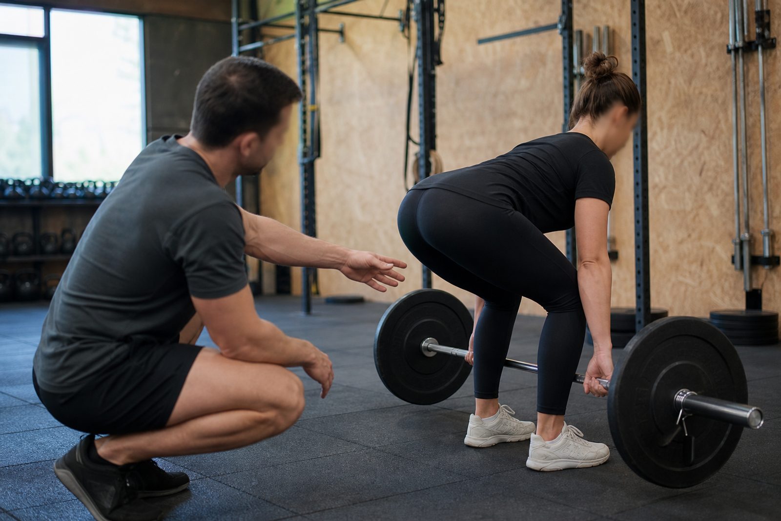 Coach guiding a barbell lift